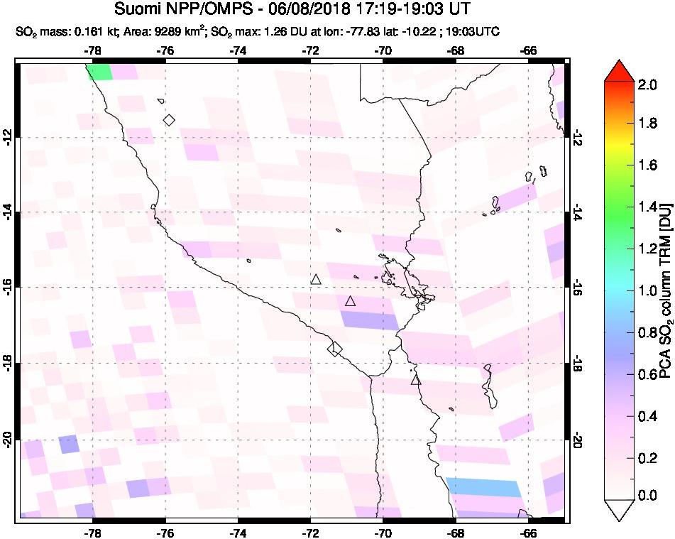 A sulfur dioxide image over Peru on Jun 08, 2018.