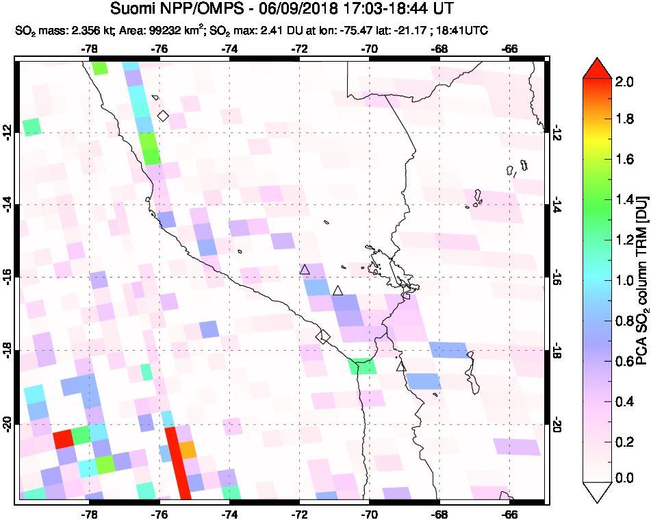 A sulfur dioxide image over Peru on Jun 09, 2018.