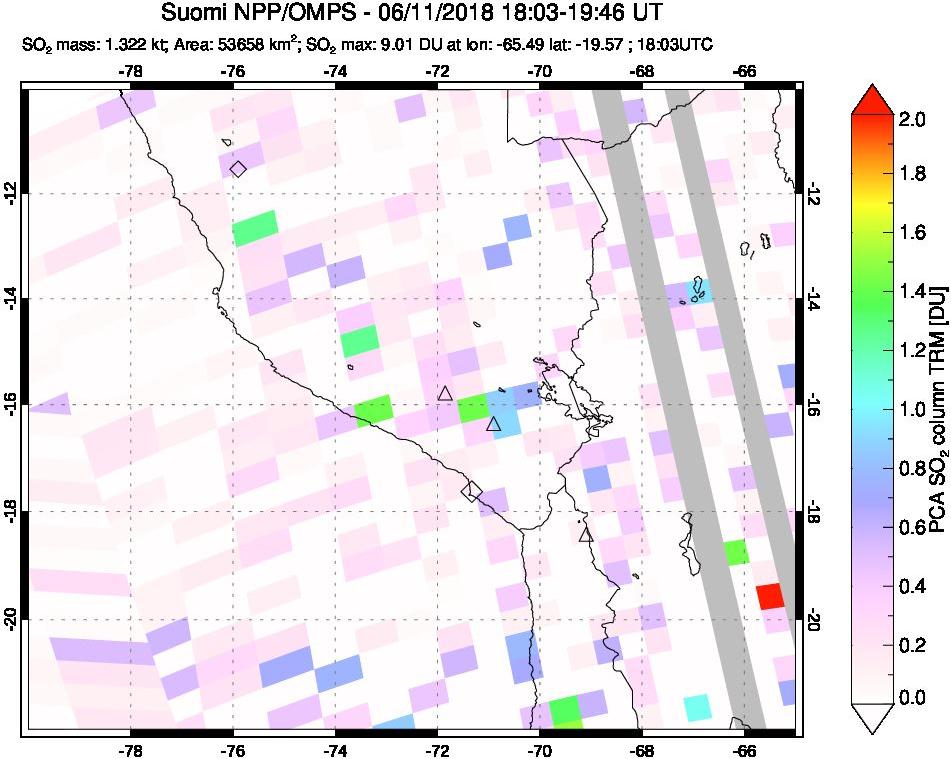 A sulfur dioxide image over Peru on Jun 11, 2018.