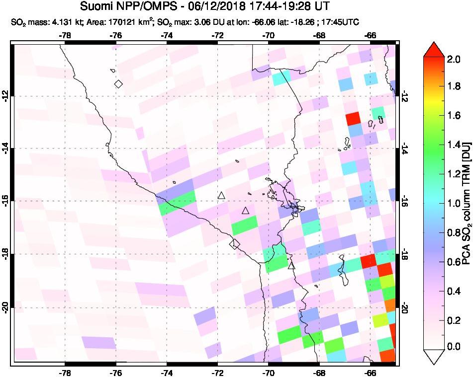 A sulfur dioxide image over Peru on Jun 12, 2018.