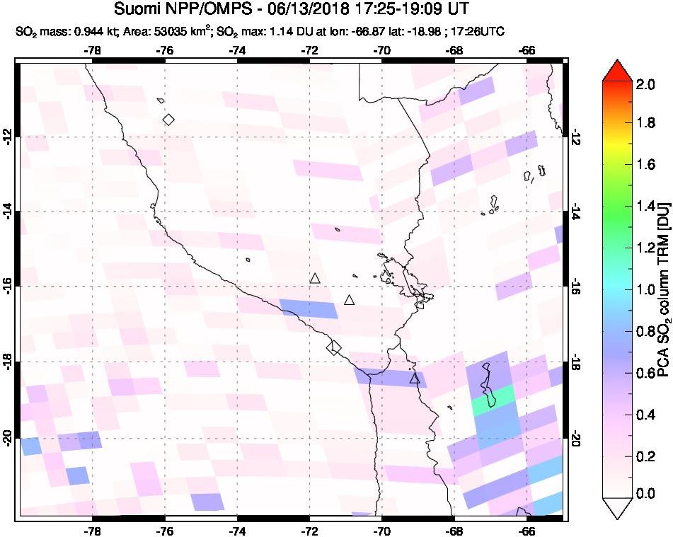 A sulfur dioxide image over Peru on Jun 13, 2018.