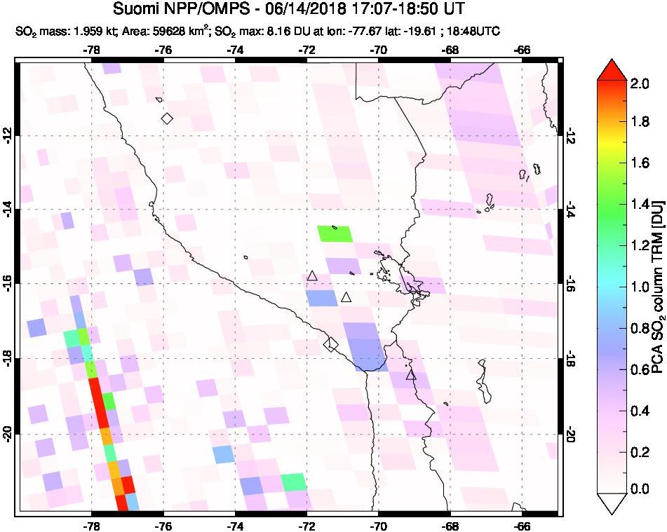 A sulfur dioxide image over Peru on Jun 14, 2018.