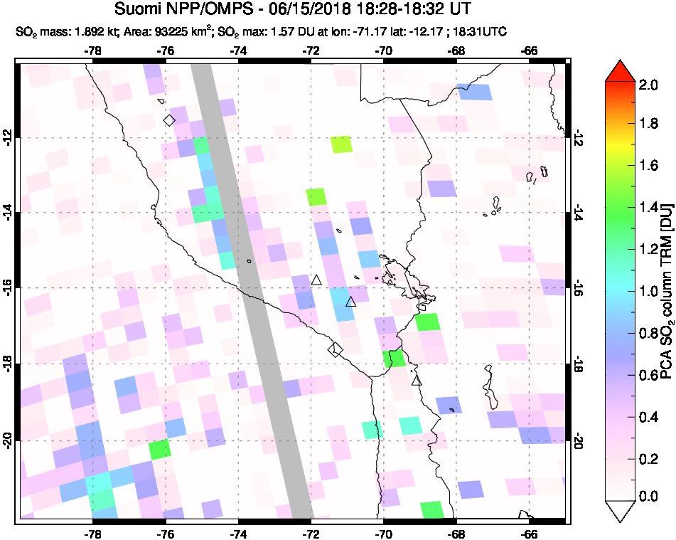 A sulfur dioxide image over Peru on Jun 15, 2018.