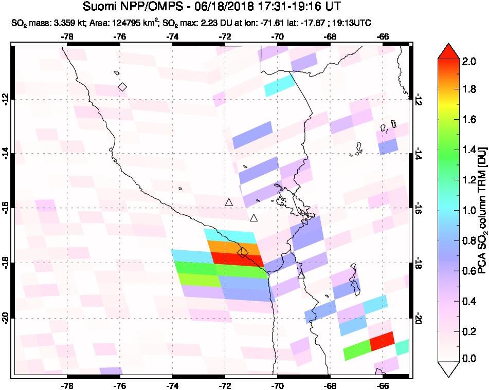 A sulfur dioxide image over Peru on Jun 18, 2018.