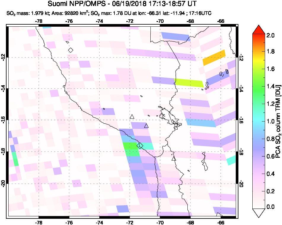 A sulfur dioxide image over Peru on Jun 19, 2018.