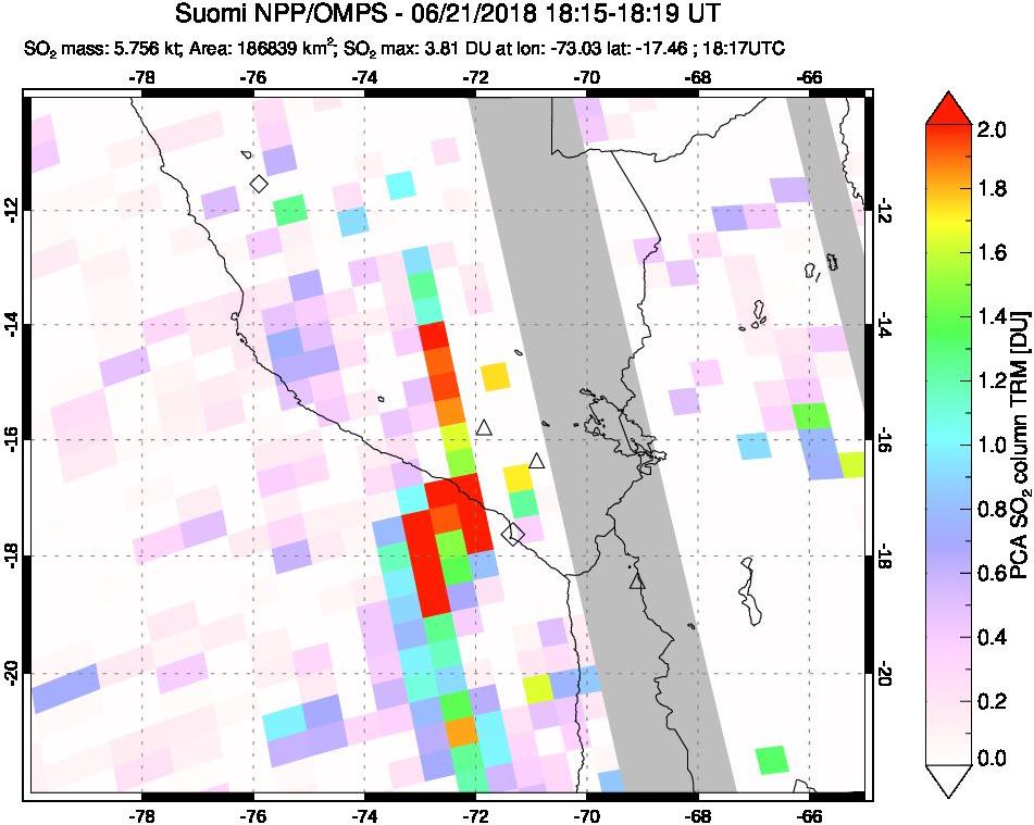 A sulfur dioxide image over Peru on Jun 21, 2018.