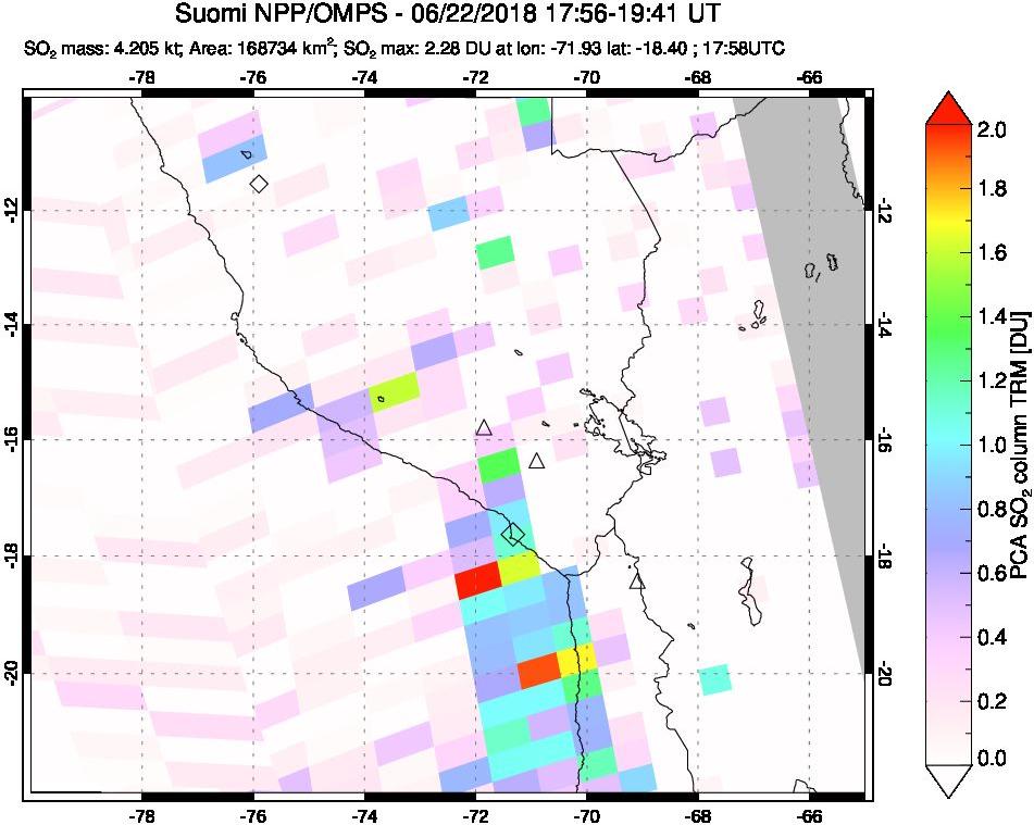 A sulfur dioxide image over Peru on Jun 22, 2018.