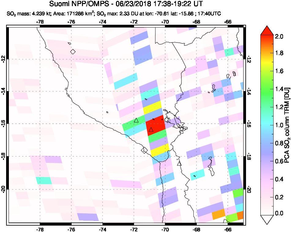 A sulfur dioxide image over Peru on Jun 23, 2018.