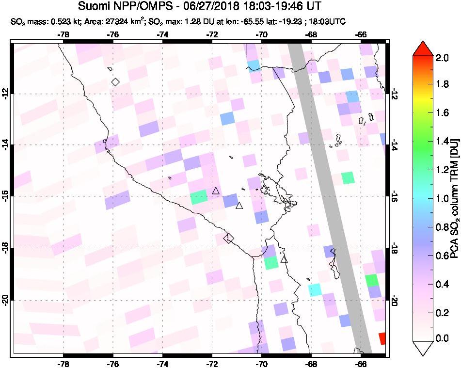 A sulfur dioxide image over Peru on Jun 27, 2018.