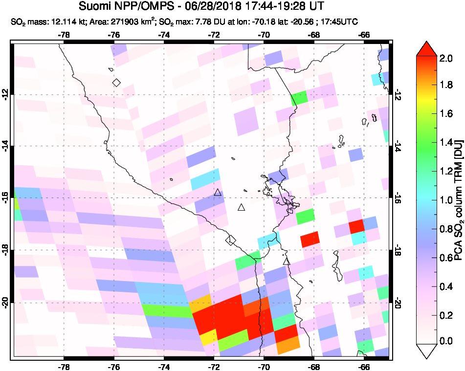 A sulfur dioxide image over Peru on Jun 28, 2018.