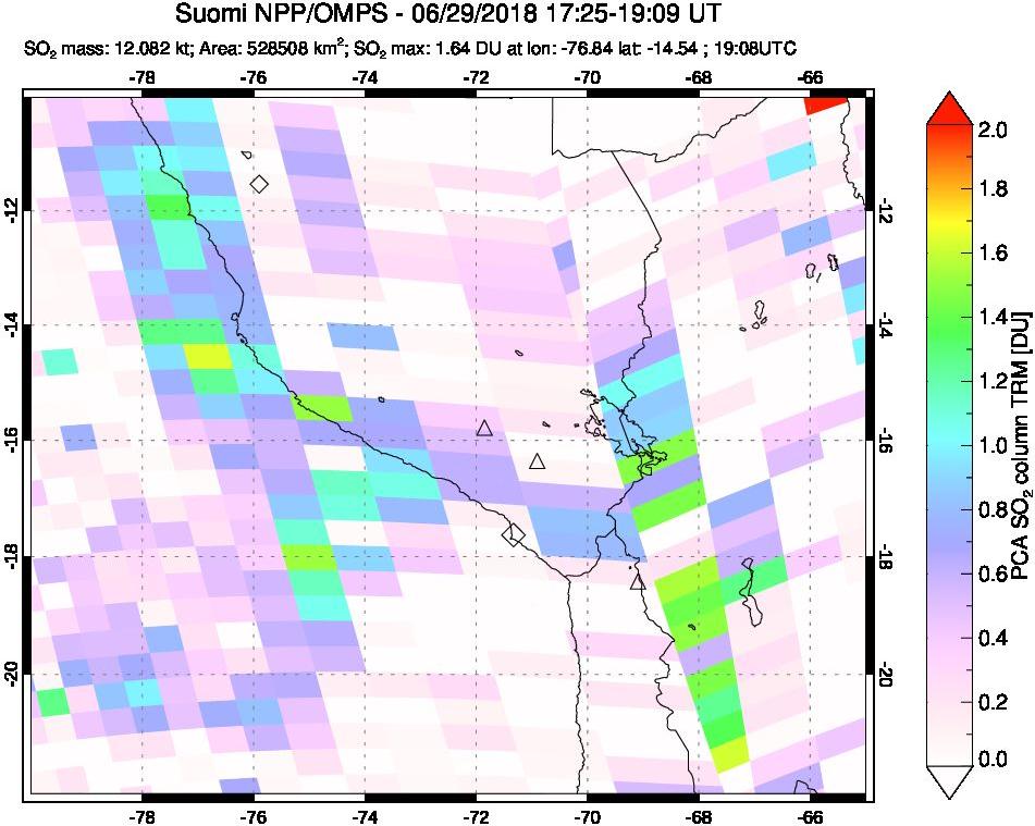 A sulfur dioxide image over Peru on Jun 29, 2018.