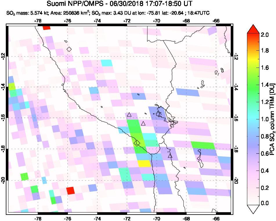 A sulfur dioxide image over Peru on Jun 30, 2018.