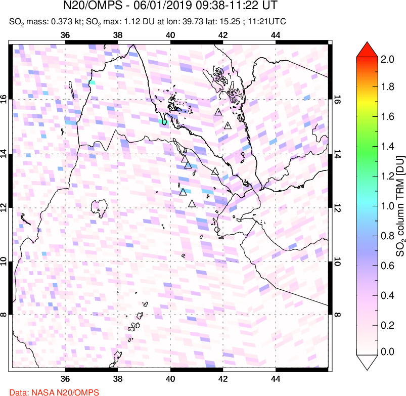 A sulfur dioxide image over Afar and southern Red Sea on Jun 01, 2019.