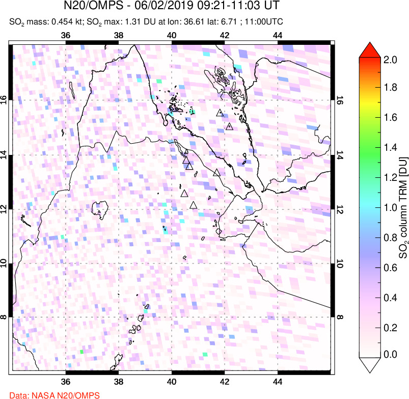 A sulfur dioxide image over Afar and southern Red Sea on Jun 02, 2019.