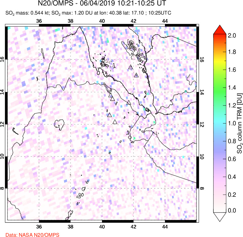 A sulfur dioxide image over Afar and southern Red Sea on Jun 04, 2019.