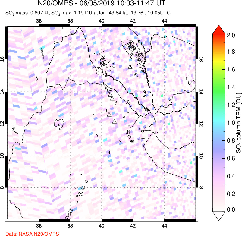 A sulfur dioxide image over Afar and southern Red Sea on Jun 05, 2019.