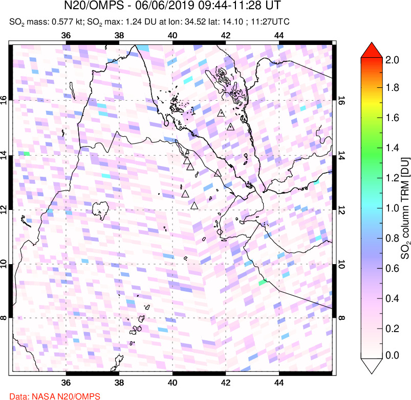 A sulfur dioxide image over Afar and southern Red Sea on Jun 06, 2019.