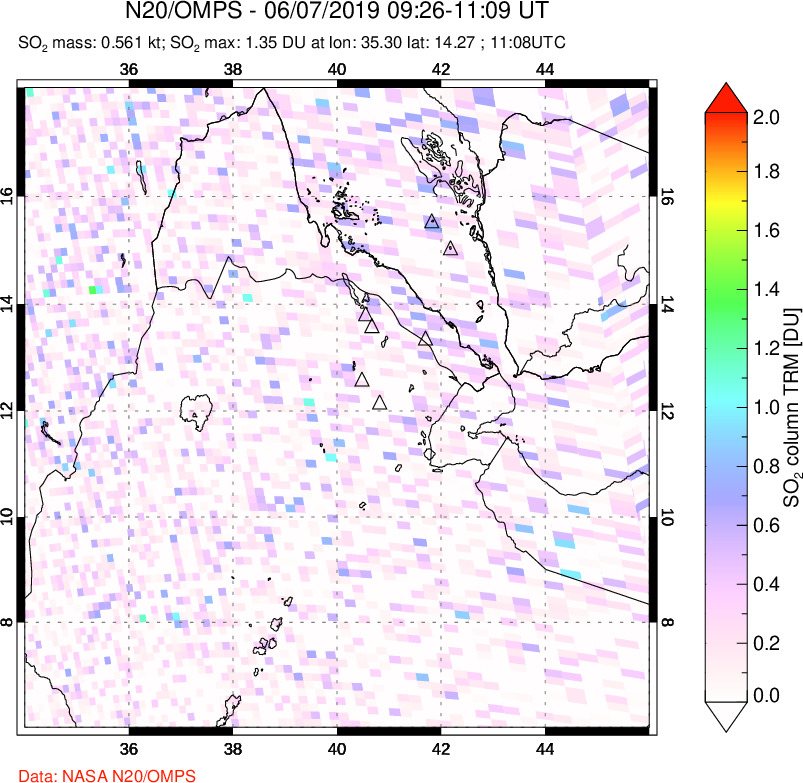 A sulfur dioxide image over Afar and southern Red Sea on Jun 07, 2019.