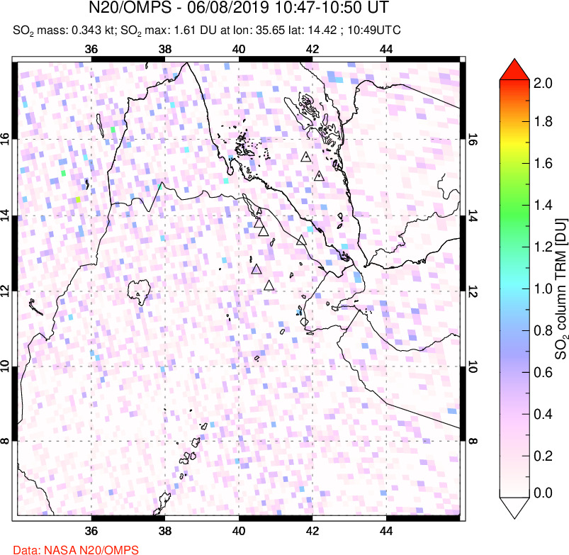 A sulfur dioxide image over Afar and southern Red Sea on Jun 08, 2019.