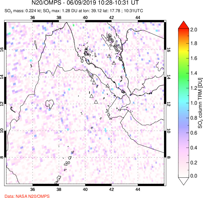 A sulfur dioxide image over Afar and southern Red Sea on Jun 09, 2019.