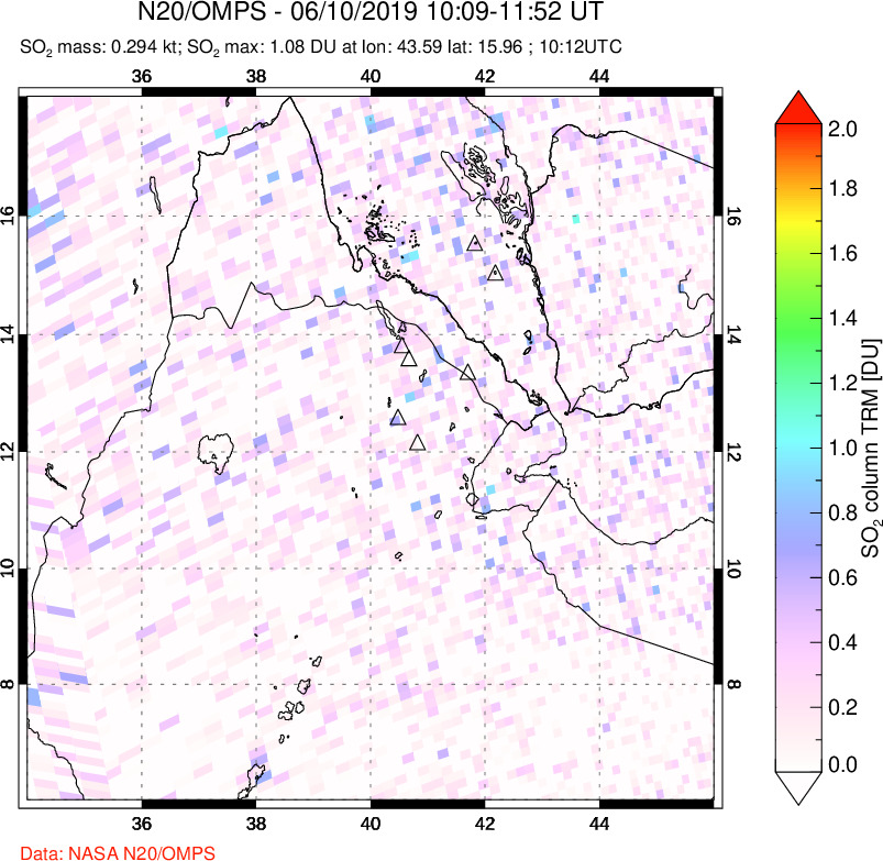 A sulfur dioxide image over Afar and southern Red Sea on Jun 10, 2019.