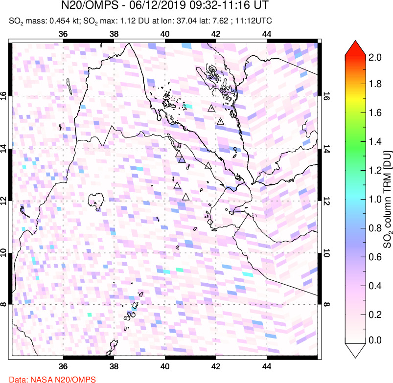 A sulfur dioxide image over Afar and southern Red Sea on Jun 12, 2019.
