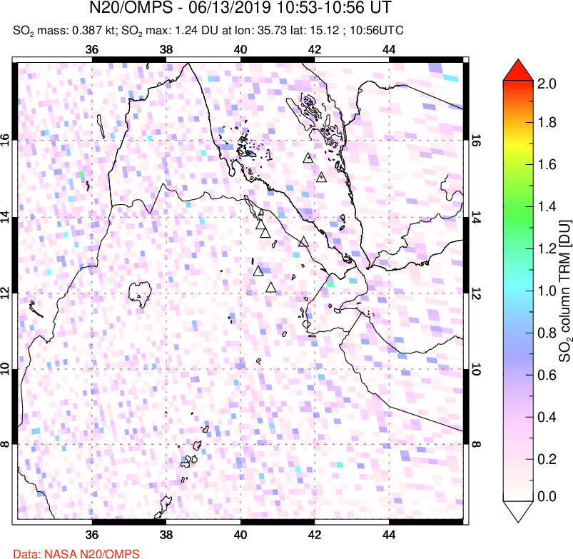 A sulfur dioxide image over Afar and southern Red Sea on Jun 13, 2019.