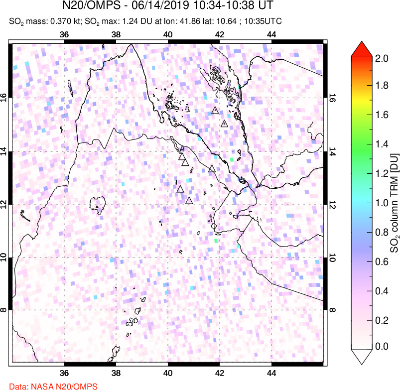 A sulfur dioxide image over Afar and southern Red Sea on Jun 14, 2019.