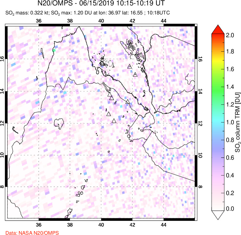 A sulfur dioxide image over Afar and southern Red Sea on Jun 15, 2019.