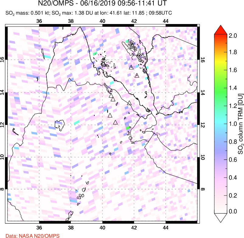 A sulfur dioxide image over Afar and southern Red Sea on Jun 16, 2019.