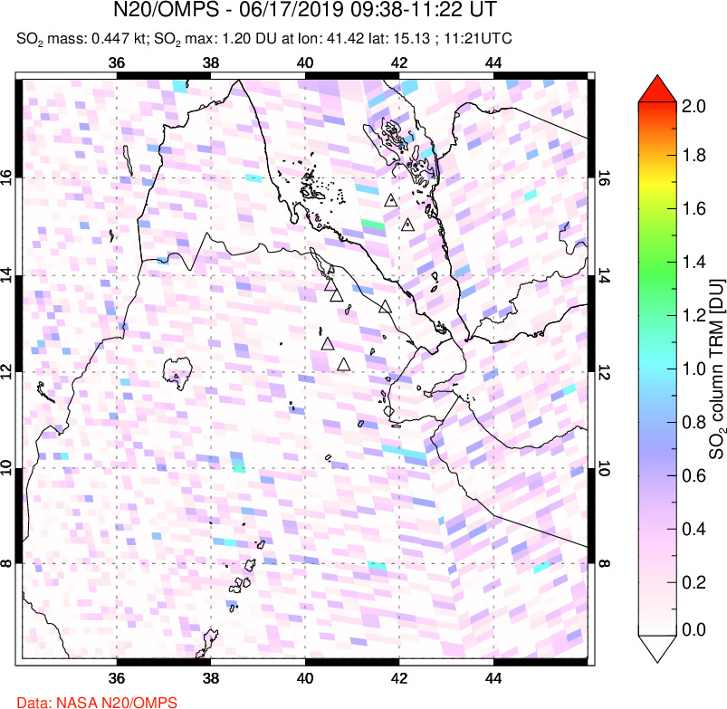 A sulfur dioxide image over Afar and southern Red Sea on Jun 17, 2019.