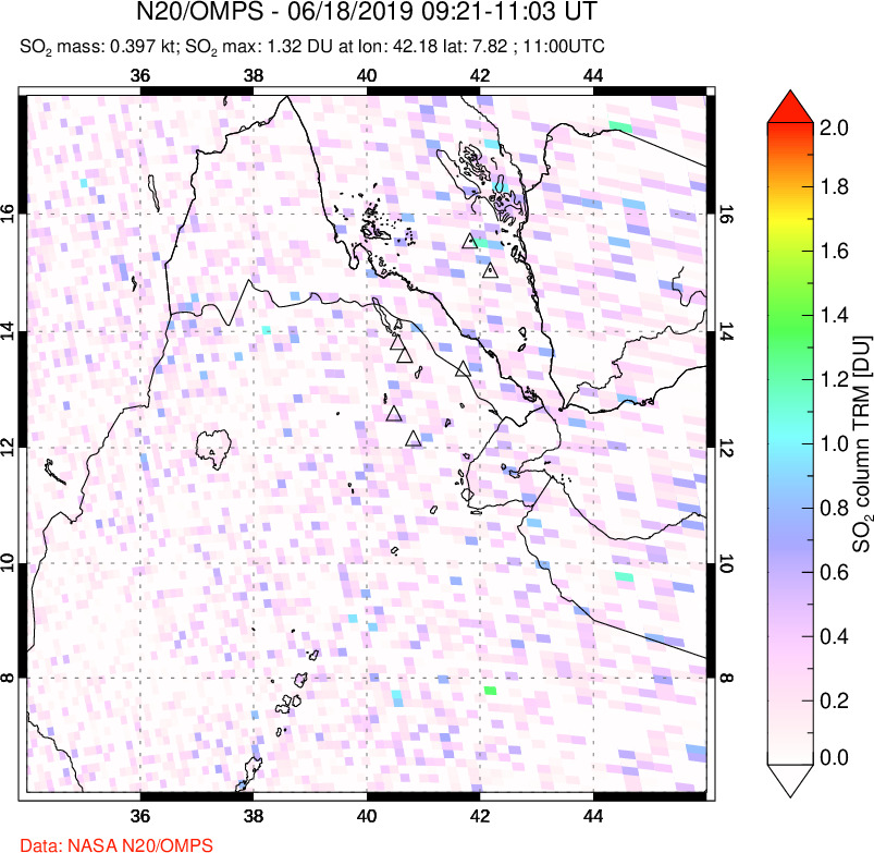 A sulfur dioxide image over Afar and southern Red Sea on Jun 18, 2019.