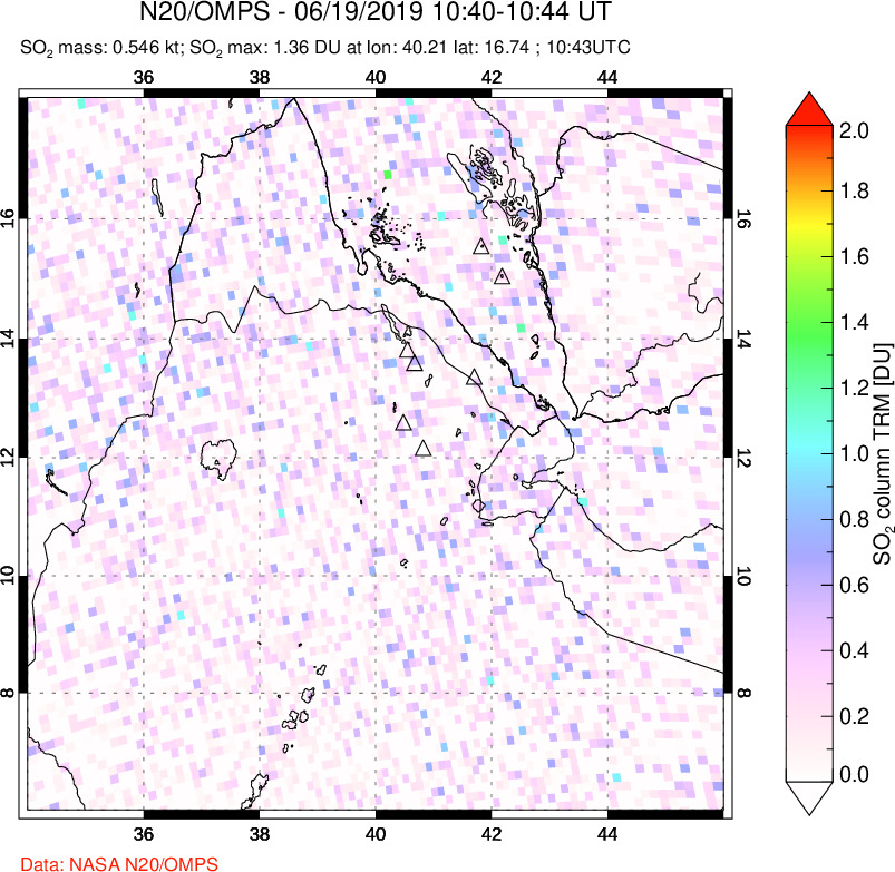 A sulfur dioxide image over Afar and southern Red Sea on Jun 19, 2019.