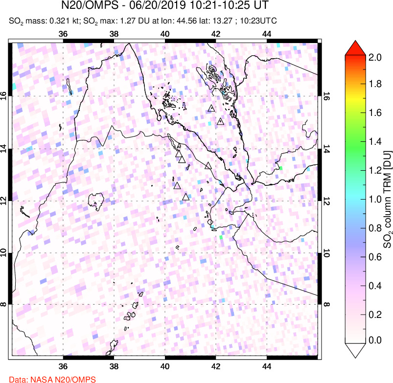 A sulfur dioxide image over Afar and southern Red Sea on Jun 20, 2019.