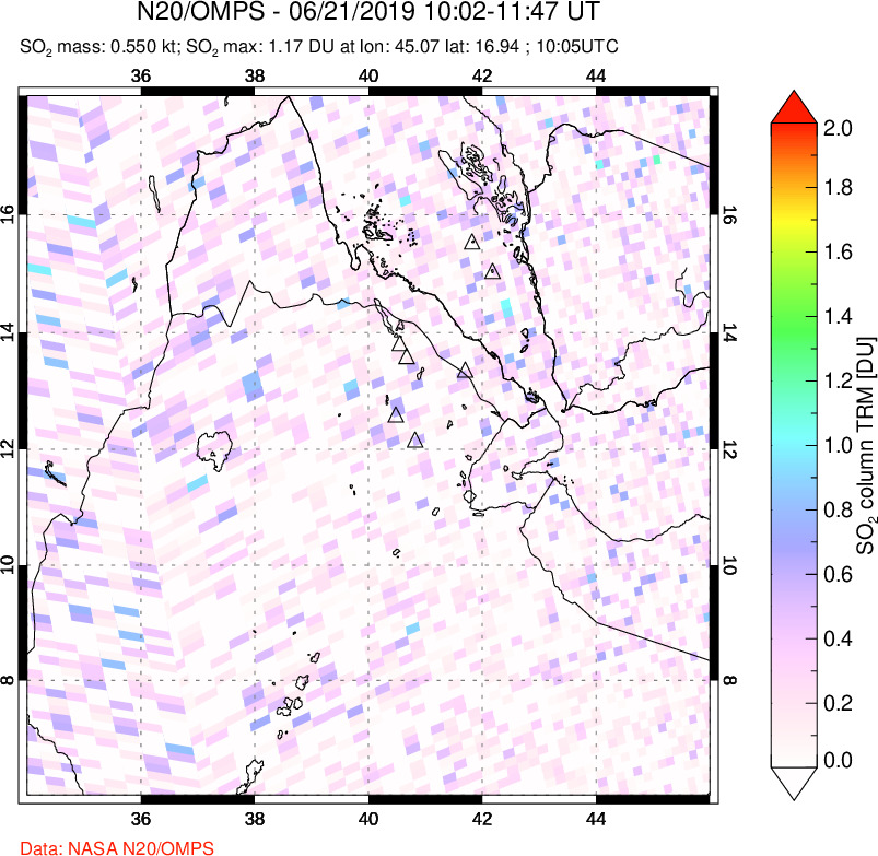 A sulfur dioxide image over Afar and southern Red Sea on Jun 21, 2019.