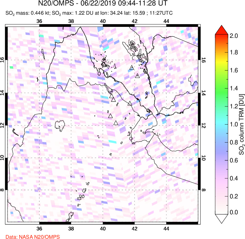 A sulfur dioxide image over Afar and southern Red Sea on Jun 22, 2019.