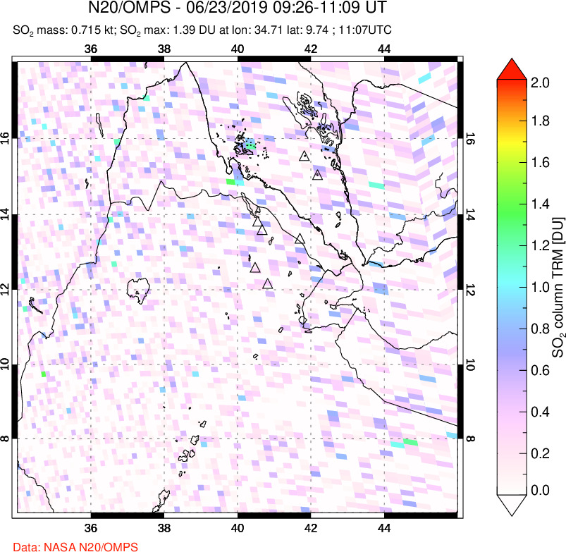 A sulfur dioxide image over Afar and southern Red Sea on Jun 23, 2019.