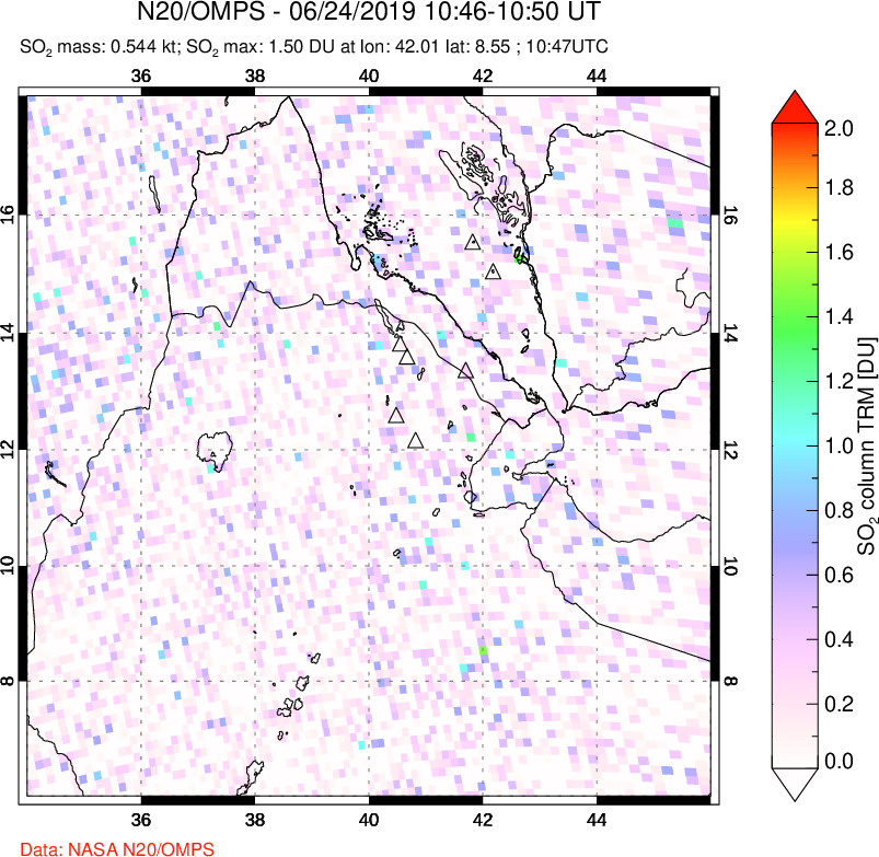 A sulfur dioxide image over Afar and southern Red Sea on Jun 24, 2019.