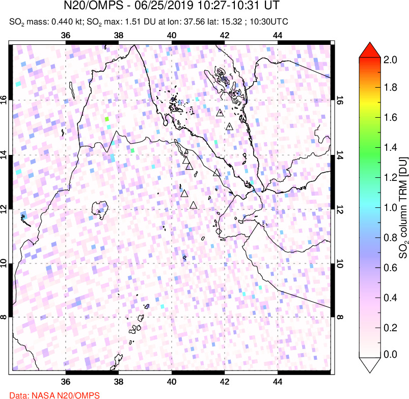 A sulfur dioxide image over Afar and southern Red Sea on Jun 25, 2019.