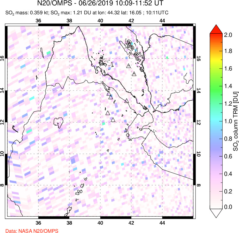 A sulfur dioxide image over Afar and southern Red Sea on Jun 26, 2019.