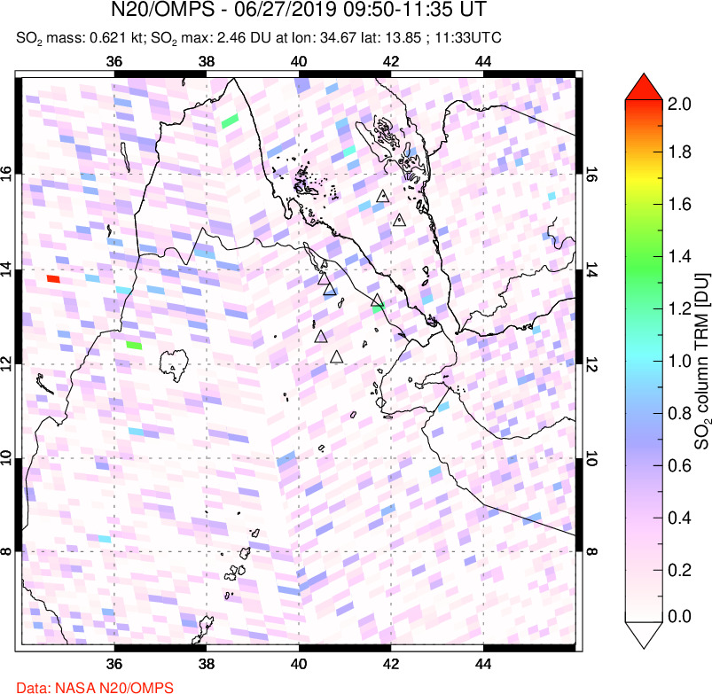 A sulfur dioxide image over Afar and southern Red Sea on Jun 27, 2019.