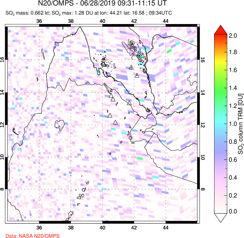 A sulfur dioxide image over Afar and southern Red Sea on Jun 28, 2019.