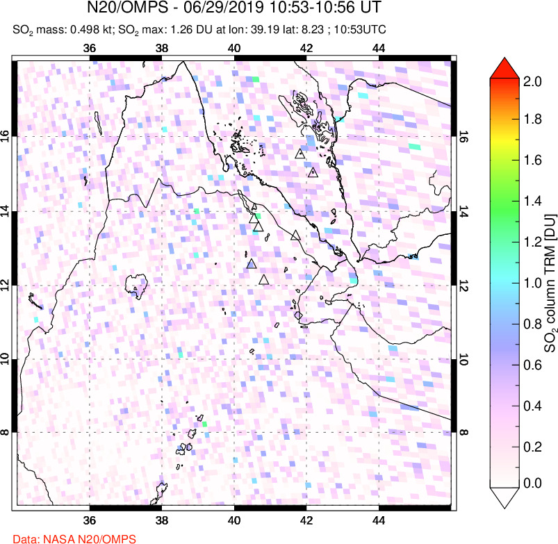 A sulfur dioxide image over Afar and southern Red Sea on Jun 29, 2019.