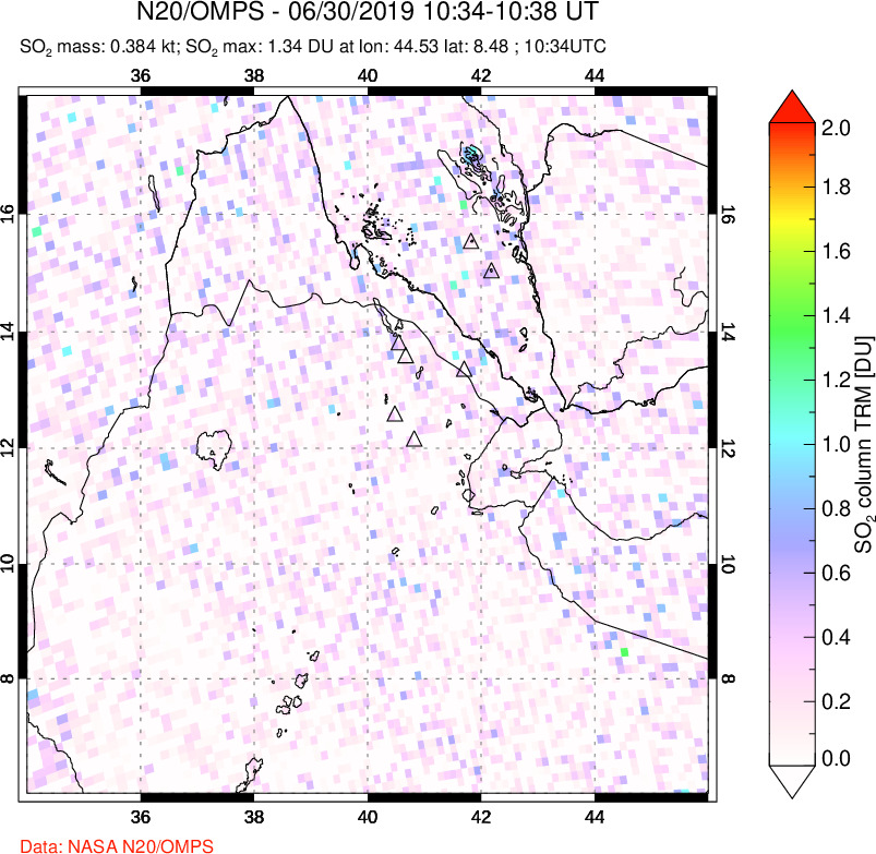 A sulfur dioxide image over Afar and southern Red Sea on Jun 30, 2019.