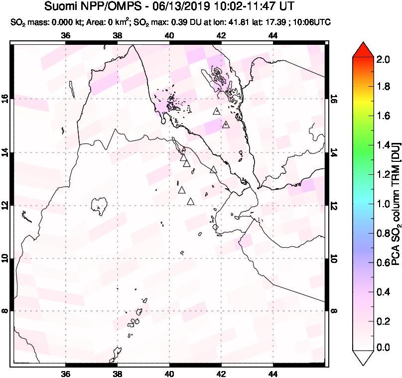 A sulfur dioxide image over Afar and southern Red Sea on Jun 13, 2019.