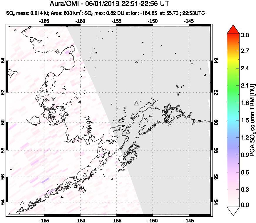 A sulfur dioxide image over Alaska, USA on Jun 01, 2019.