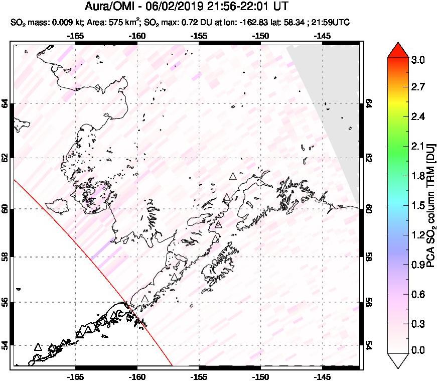 A sulfur dioxide image over Alaska, USA on Jun 02, 2019.
