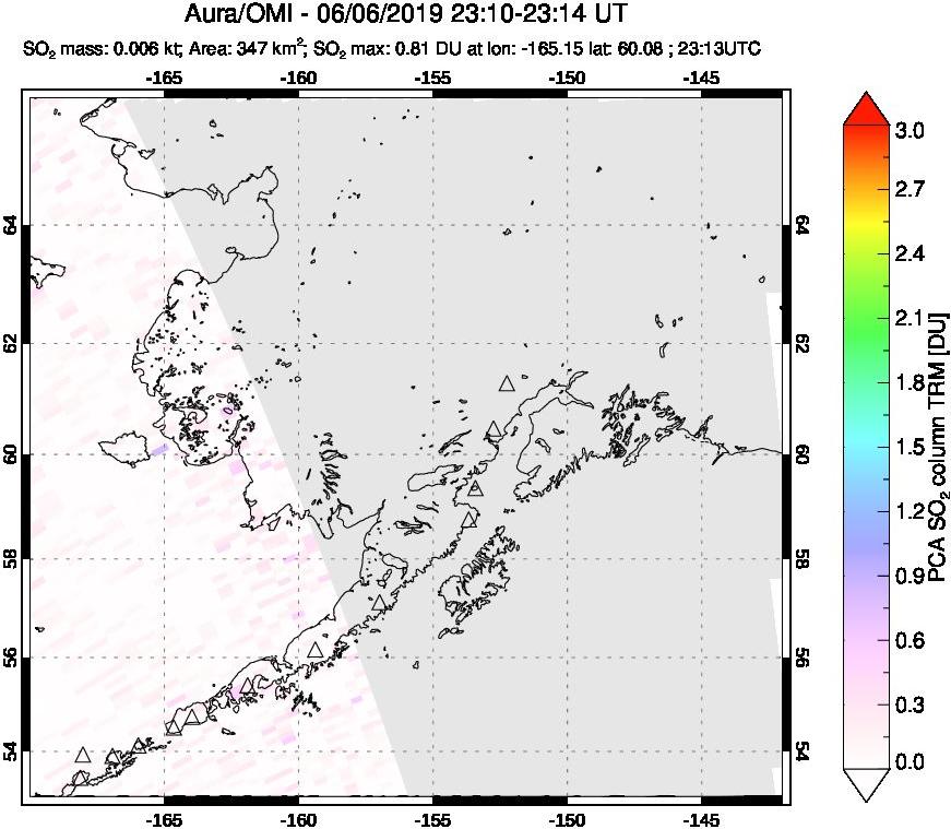 A sulfur dioxide image over Alaska, USA on Jun 06, 2019.