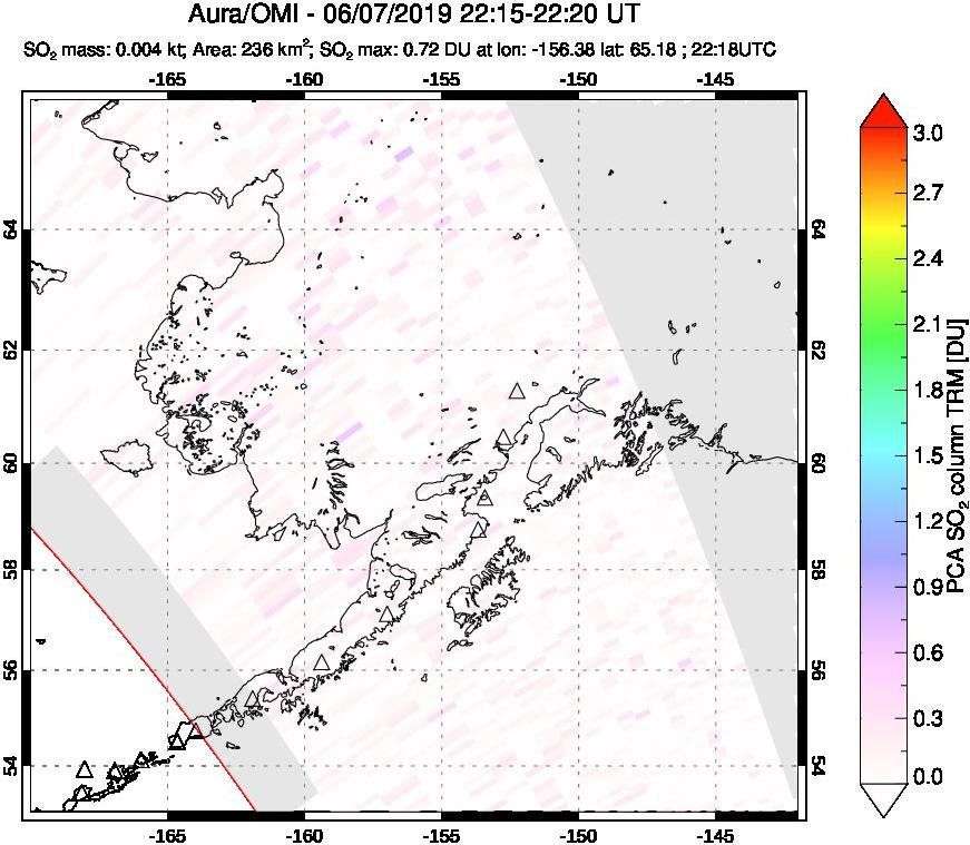 A sulfur dioxide image over Alaska, USA on Jun 07, 2019.