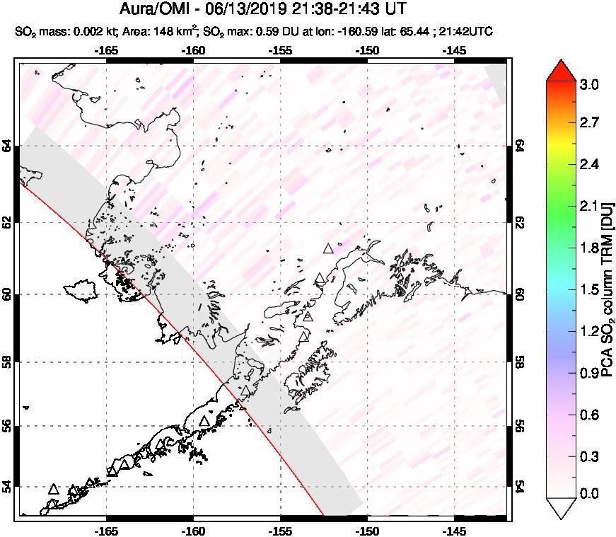 A sulfur dioxide image over Alaska, USA on Jun 13, 2019.